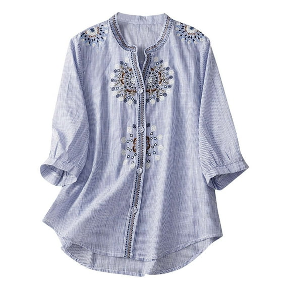 Floral Print Cotton Linen Shirts Women Button Down V Neck 3/4 Sleeve 2025 New Casual Loose Summer Fall Stylish Work Vacation Tops,Blue,L