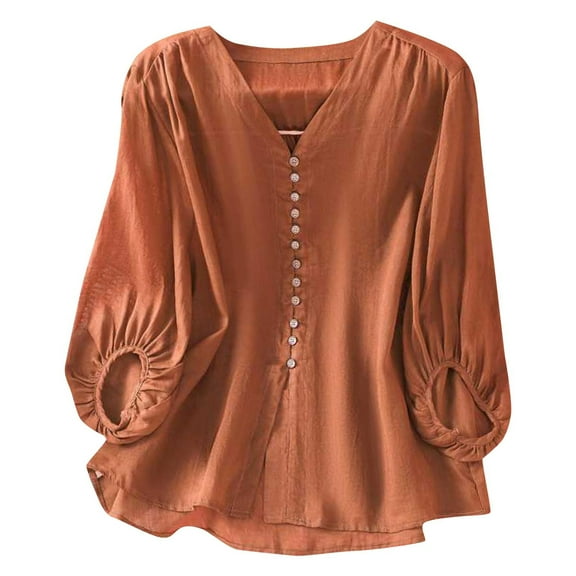 Floral Print Cotton Linen Shirts Women Button Down V Neck 3/4 Sleeve 2025 New Casual Loose Summer Fall Stylish Work Vacation Tops,Orange,L