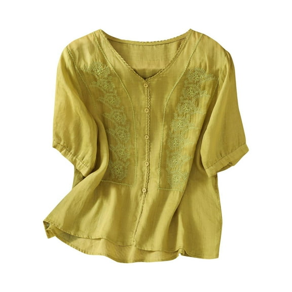 Floral Print Cotton Linen Shirts Women Button Down V Neck 3/4 Sleeve 2025 New Casual Loose Summer Fall Stylish Work Vacation Tops,Yellow,XL