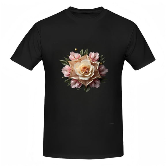 Floral Print Cotton Short Sleeve T-Shirt - Cream Rose & Pink Flowers on Black Background - Stylish Tee Top for Casual Wear