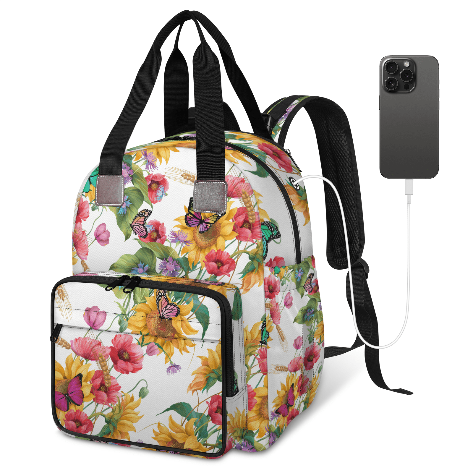 Floral Print Diaper Backpack for Women,Travel Diaper Bags with Charging Port,Mom Bag with Multiple Pockets