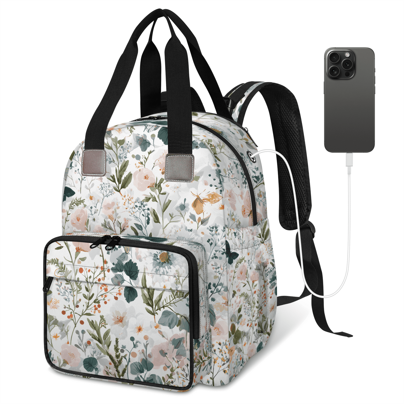 Floral Print Diaper Bag Backpack, Multifunction Baby Travel Backpacks with USB Port, Insulated Pocket, Stroller Straps