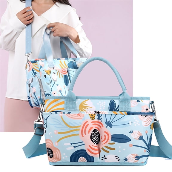 Floral Print Diaper Bag Tote With Waterproof Fabric And Multiple Pockets, Stylish Baby Handbag With Adjustable Crossbody Strap