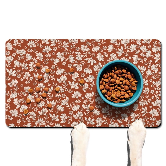 Floral Print Dog Food Mat with Bloom and Blossom Pattern, Durable Waterproof Absorbent Pet Feeding Mat