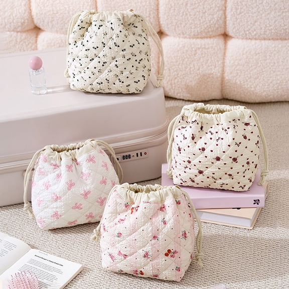Floral Print Drawstring Makeup Bag, Large Capacity Lightweight Fabric Cosmetic Pouch, Water-Resistant Durable Drawstring Closure for Travel Home Vanity Toiletry Storage, D