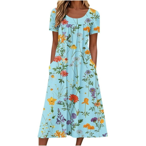 Floral Print Dress for Womens,Summer Baggy Boho Dressy Shirts Dresses Round Neck Short Sleeve Tee Sundresses Lounge Breathable Dresses Daisy Trendy Beah Vcation Sun Dresses Coverup