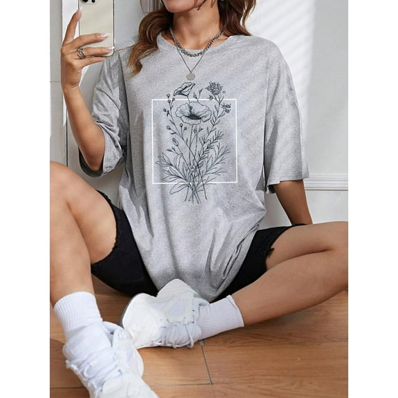 Floral Print Drop Shoulder Tee Graphic Tees Women Tops