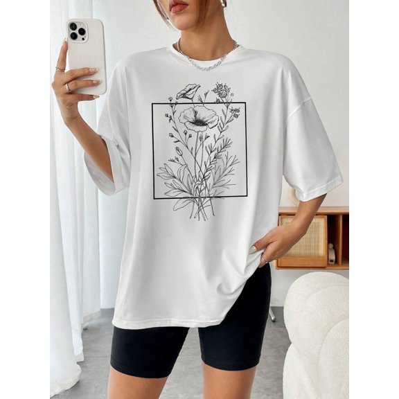 Floral Print Drop Shoulder Tee Graphic Tees Women Tops