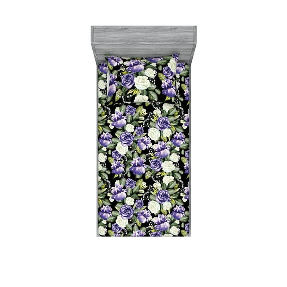 Floral Print Fitted Sheet & Pillow Sham Set, Romantic Vintage Inspired Bridal Like Bouquets on Dark Backdrop, Decorative Printed 2 Piece Bedding Decor, Twin, Blue Violet Reseda Green, by Ambesonne