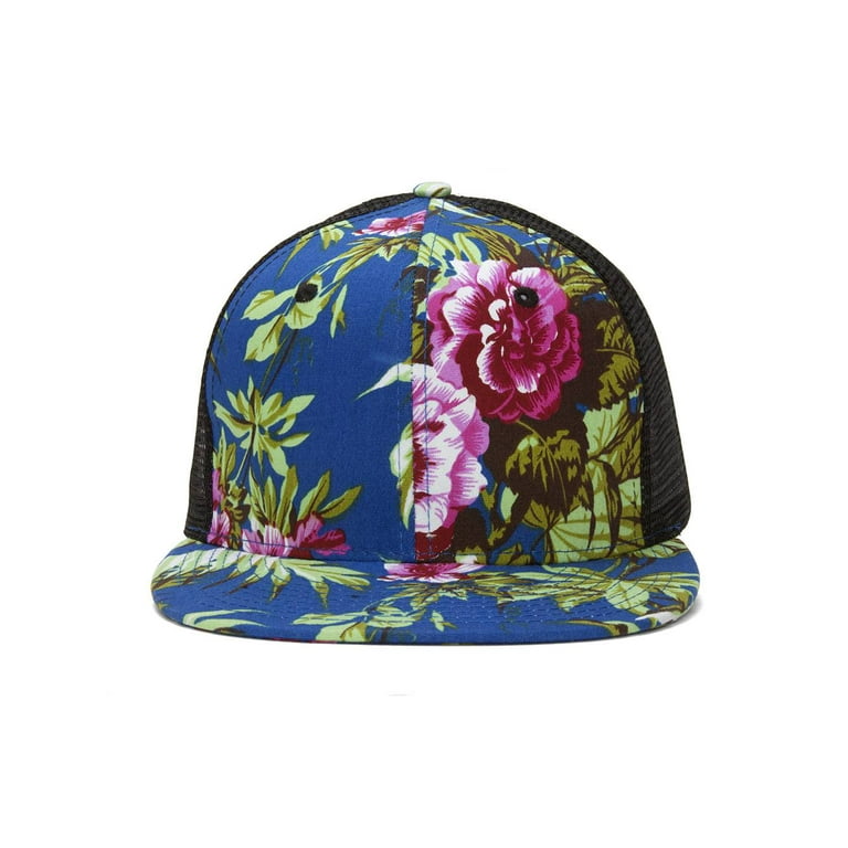 Floral Print Flat Bill Trucker Hat - Royal 