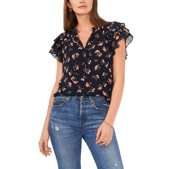 Floral Print Flutter Sleeve Top Twilight Blue XL