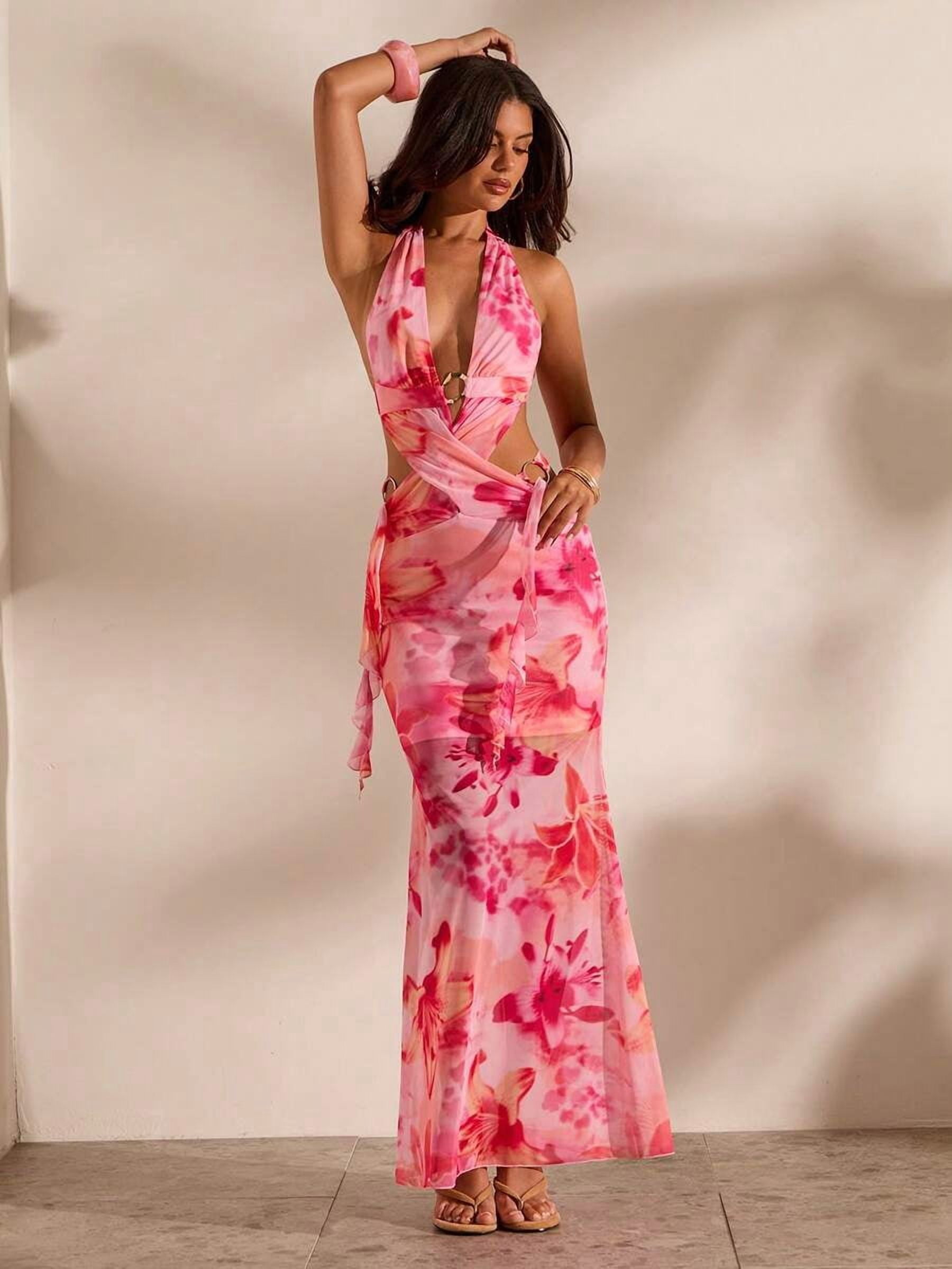 red criss cross halter dress Floral Print Halter Criss-Cross Wrap Sleeveless Red Mermaid Maxi Dress