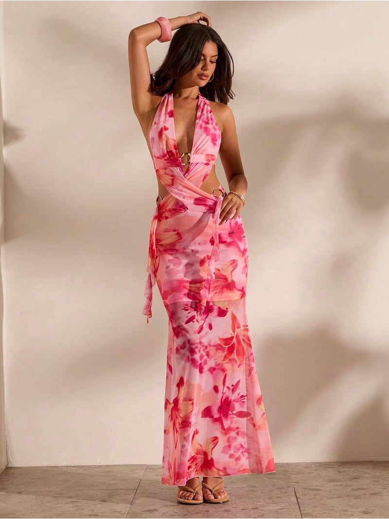 red criss cross halter dress Floral Print Halter Criss-Cross Wrap Sleeveless Red Mermaid Maxi Dress