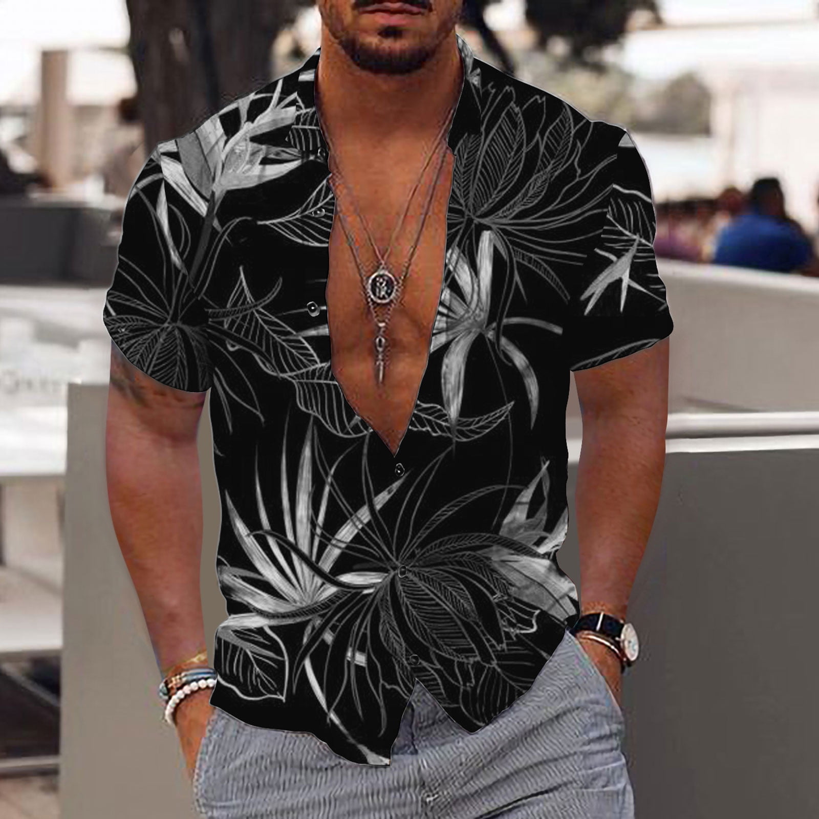 Floral Print Hawaiian Shirts for Men,Men's Tropical Beach Button Up Shirt  Loose Fit Short Sleeve Tshirt Casual Bowling Shirt