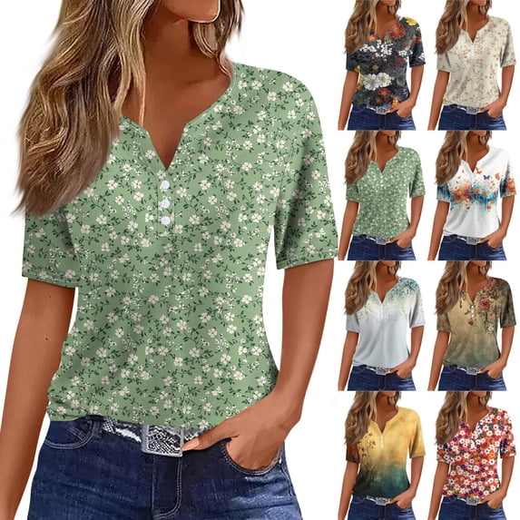 Floral Print Henley T-Shirt for Women, Short Sleeve V-Neck Button Top - Soft Summer Casual Tee with Slim Fit Beige XL