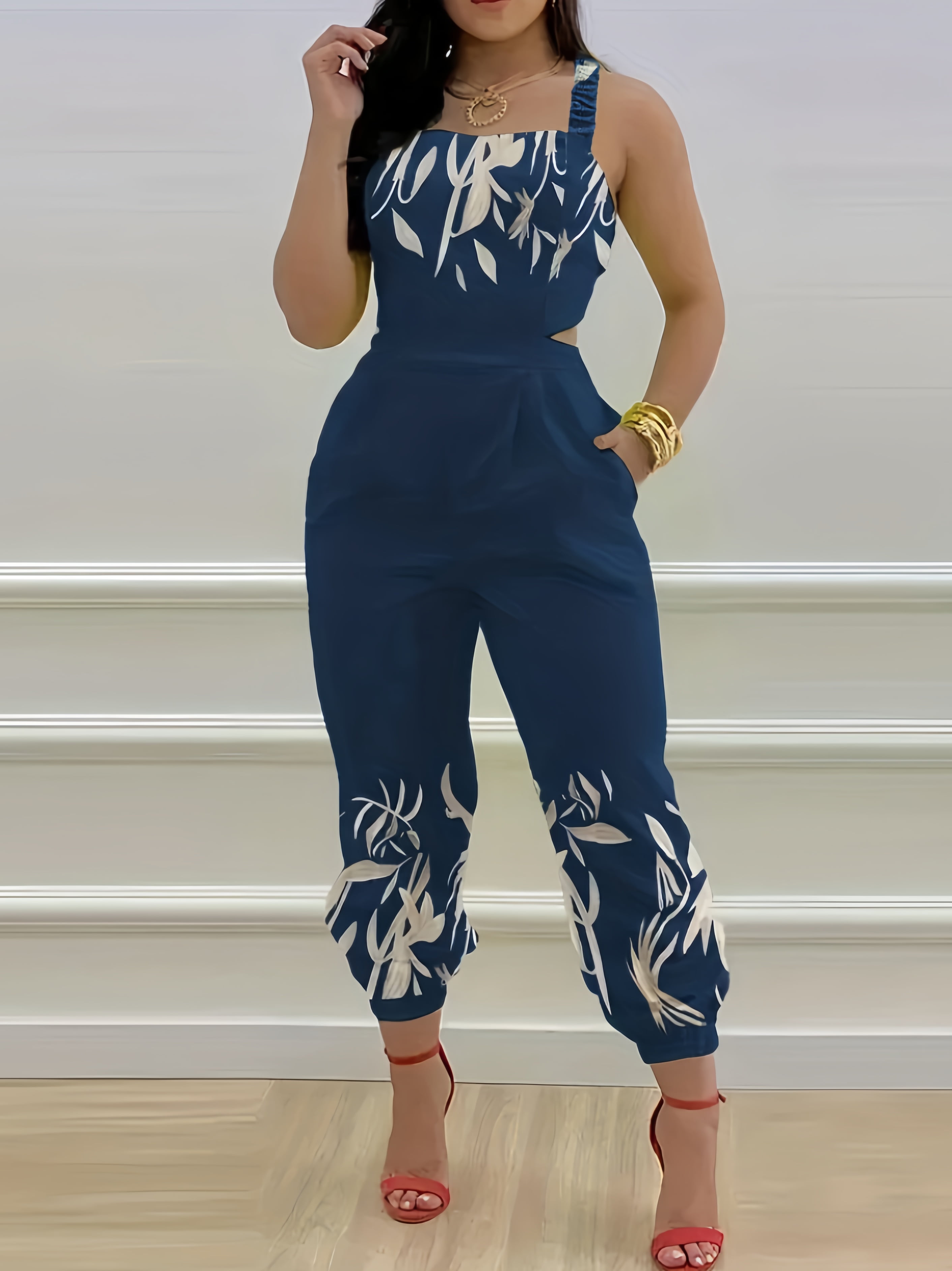 Floral Print Joggers Jumpsuit, Resort Wear Tie Back Sleeveless Jumpsuit