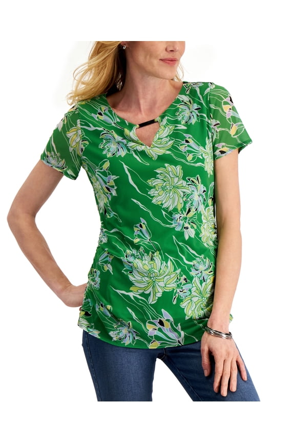 Floral-Print Keyhole Top Green Emerald Combo M