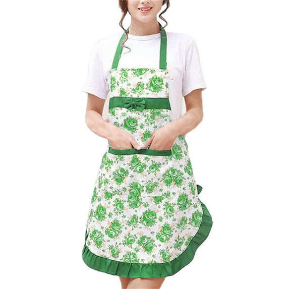 Floral Print Kitchen Apron with Adjustable Neck Strap and Front Pocket Ruffle Hem Design Suitable for Cooking Baking Cleaning