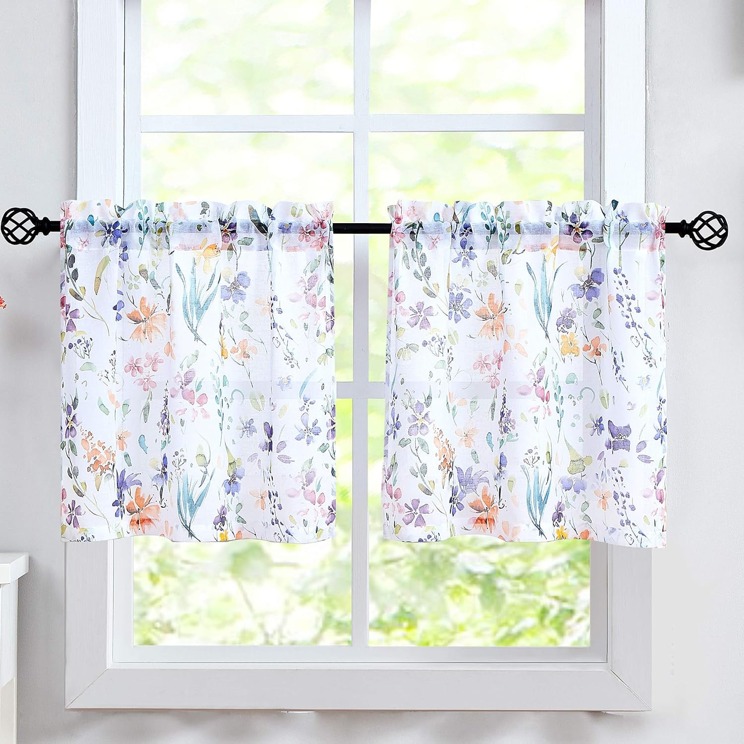 Floral Print Kitchen Curtains 24 inch Purple and Orange Tier Curtains for Small Windows Semi-Sheer Window Treatment Sets for Bathroom/Bay Window/Dining Room,28" W x 24" L Rod Pocket