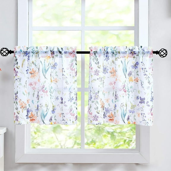 Floral Print Kitchen Curtains 24 inch Purple and Orange Tier Curtains for Small Windows Semi-Sheer Window Treatment Sets for Bathroom/Bay Window/Dining Room,28" W x 24" L Rod Pocket