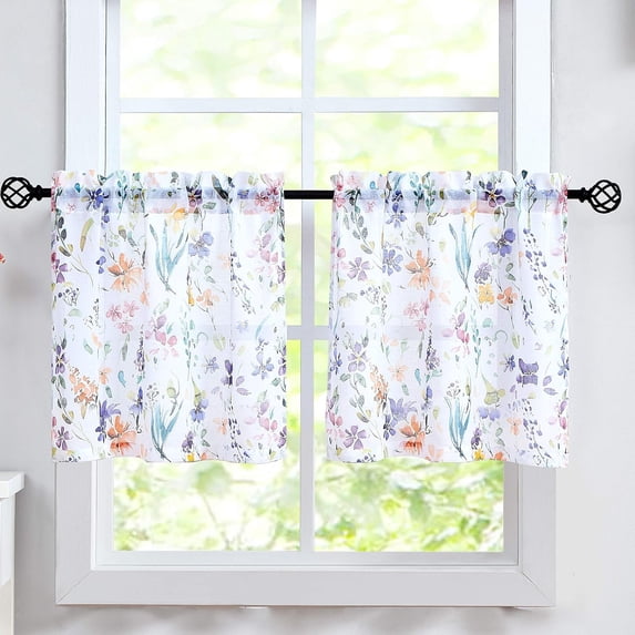 Floral Print Kitchen Curtains 24 inch Purple and Orange Tier Curtains for Small Windows Semi-Sheer Window Treatment Sets for Bathroom/Bay Window/Dining Room,28" W x 24" L Rod Pocket