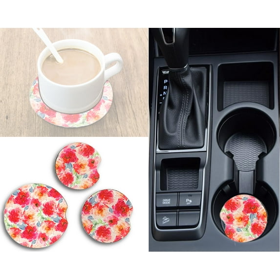 Floral Print Larger 2.75 Inch Car Coasters 4 Pack, Absorbent Neoprene Fabric Coasters Car Cup Coaster Drink Cup Holder Coasters FLORAL Print (FLORAL PRINT, MEDIUM)