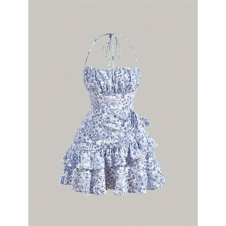 Elegant Floral Patterns Ruffle Blue Summer Dress Elegant Floral Patterns Ruffle Blue Summer Dress