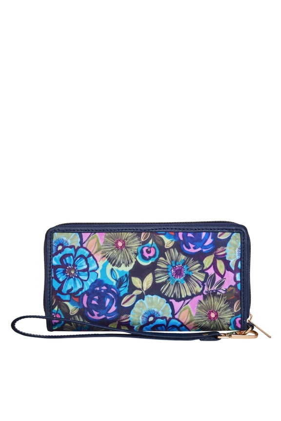 Womens Hand Crafted Printed Nylon & Leather Wristlet Travel Wallet  Stylish Printed Organizer with Leather Trim for Ladies