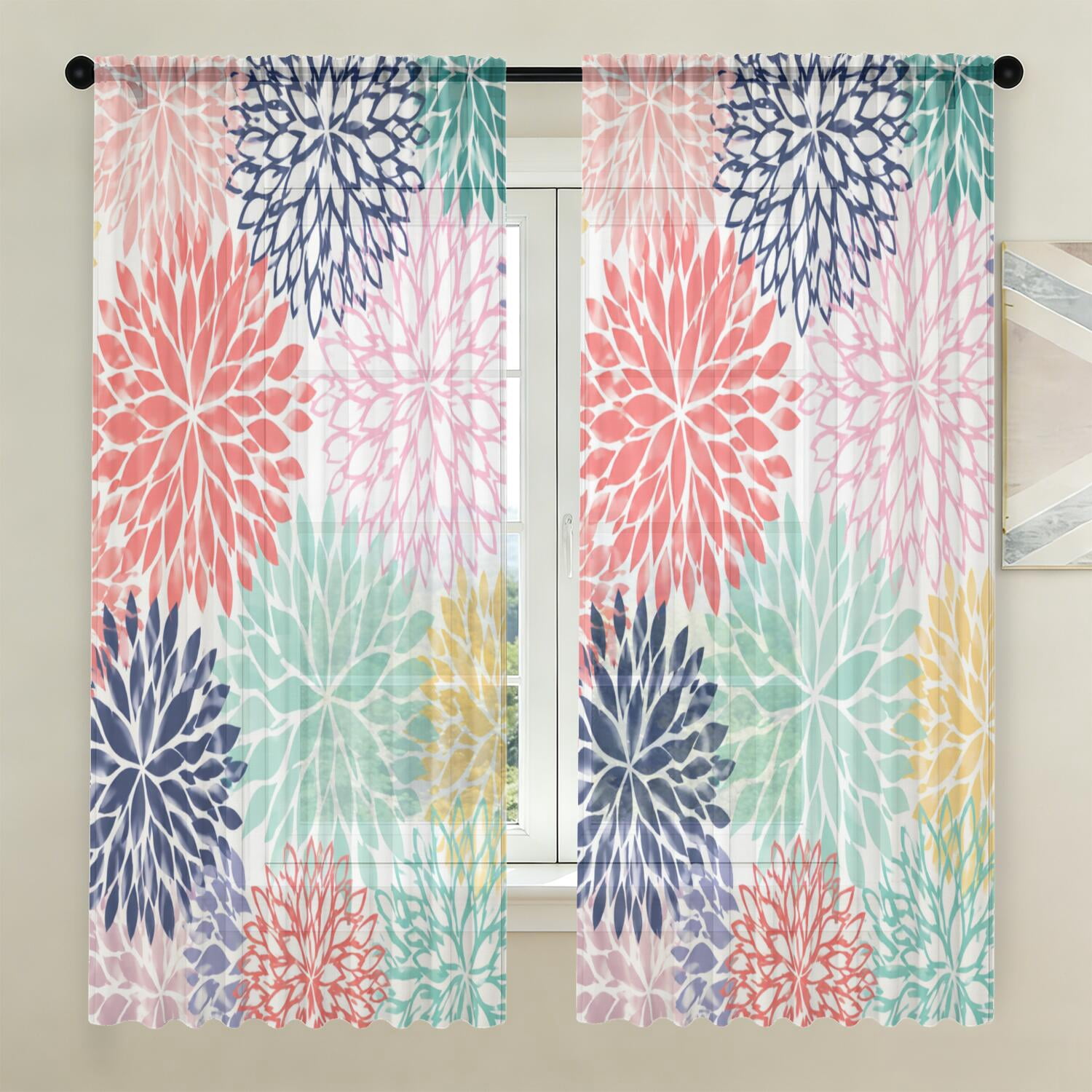 Floral Print Light-Filtering Curtain Panels, Rod Pocket, Apartment, 52 ...