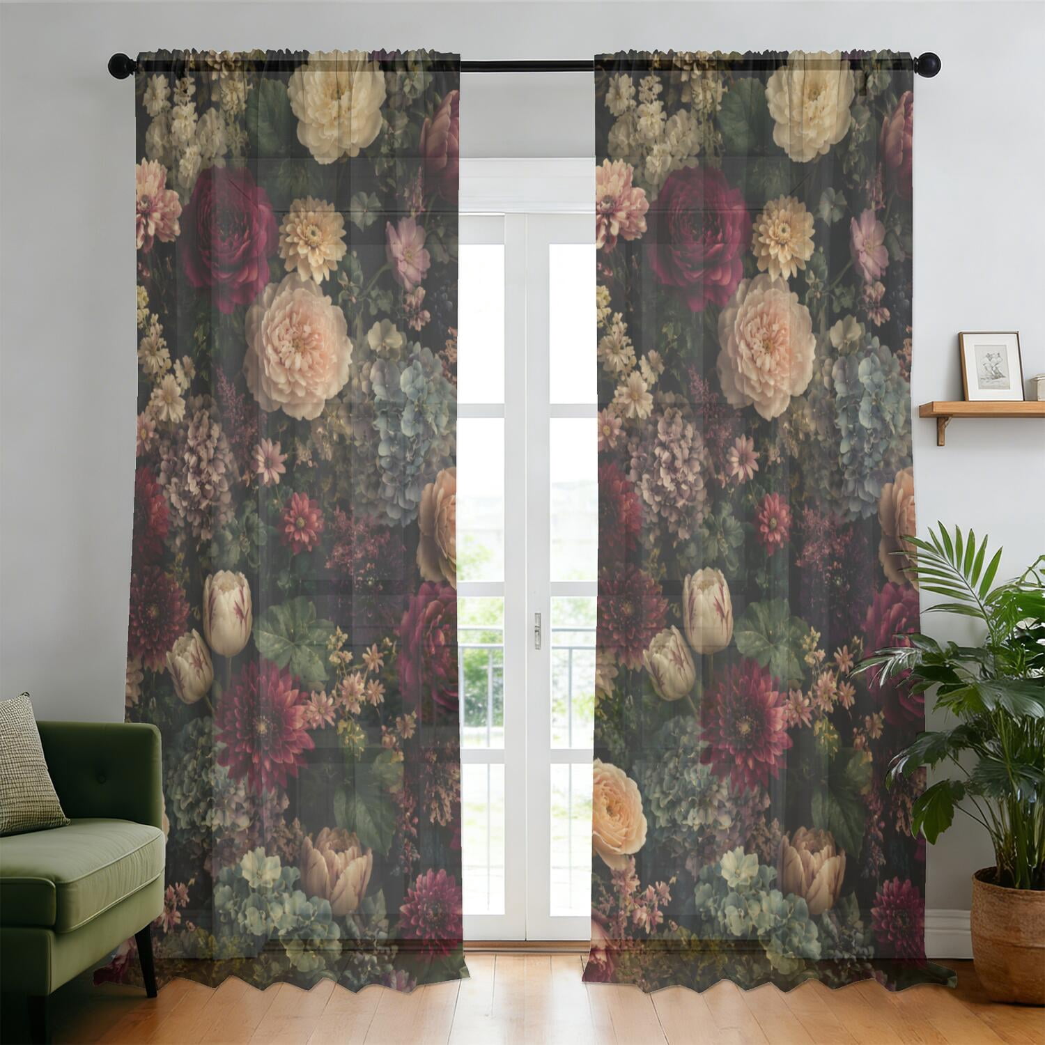 Floral Print Light-Filtering Curtain Panels, Rod Pocket, Bedroom, 52 x ...