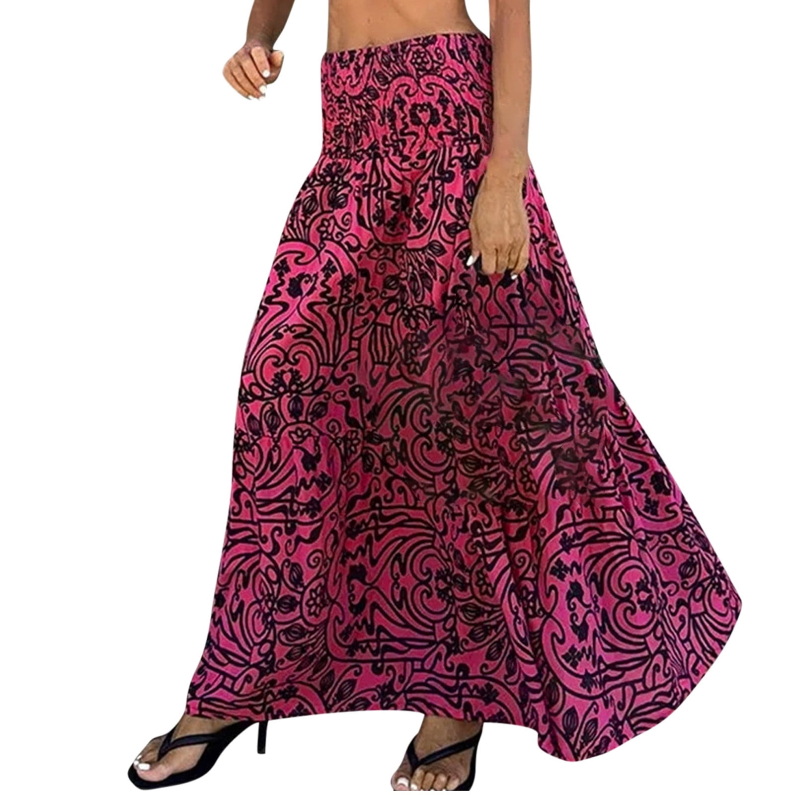 Women's High Waist Pleated Maxi Skirt - Elastic Flowy A-Line Long Skirt For Summer