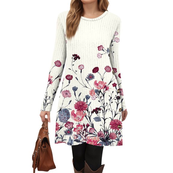 Floral Print Long Sleeve Dress V-Neck Tight Fitting Midi Bohemian Style Women's Straight Party Dress Elegant Office Work Dresses Beige S
