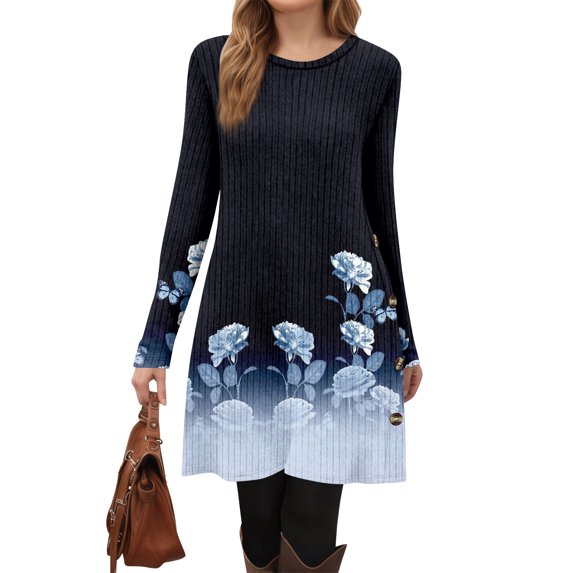 Floral Print Long Sleeve Dress V-Neck Tight Fitting Midi Bohemian Style Women's Straight Party Dress Elegant Office Work Dresses Blue L