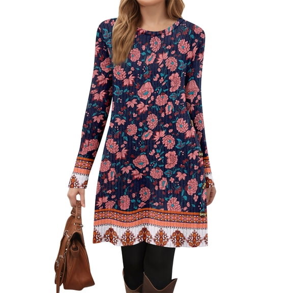 Floral Print Long Sleeve Dress V-Neck Tight Fitting Midi Bohemian Style Women's Straight Party Dress Elegant Office Work Dresses Navy L