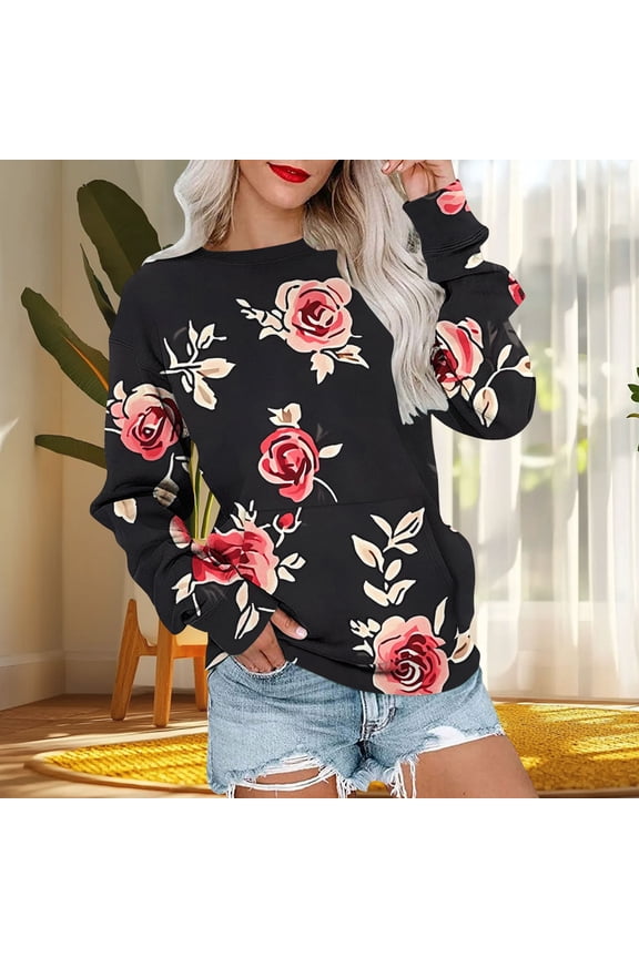 Floral Print Long Sleeve Shirts for Women Y2K Cute Color Block Crewneck Tops Plaid Striped Casual Relaxed Fit Pullovers
