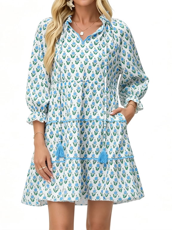 Floral Print Loose Long Sleeved Women V-neck Ruffle Tassel Mini Dress