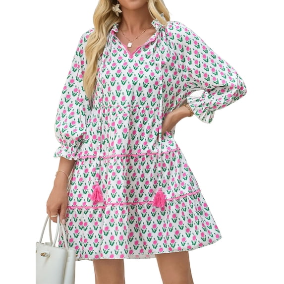 Floral Print Loose Long Sleeved Women V-neck Ruffle Tassel Mini Dress