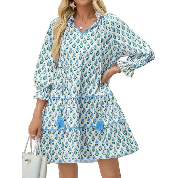 Floral Print Loose Long Sleeved Women V-neck Ruffle Tassel Mini Dress