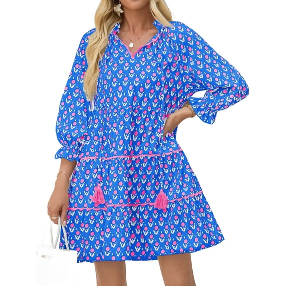 Floral Print Loose Long Sleeved Women V-neck Ruffle Tassel Mini Dress