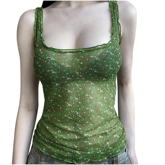 Floral Print Mesh See Through Camis Womens Square Neck Tank Top Sleeveless Lightweight Trendy Y2K Lace Sheer Slim Fit Sexy Going Out Blouse