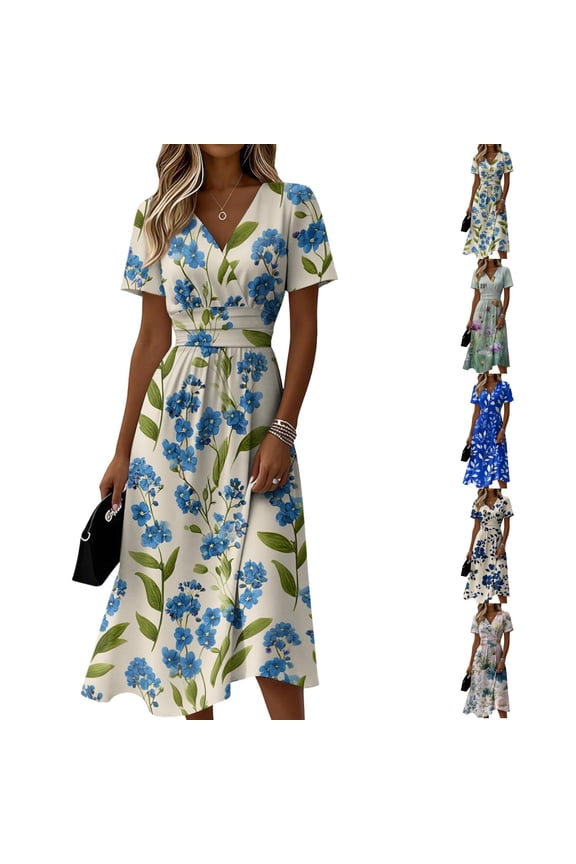 Floral Print Midi Dress for Women - V-Neck Short Sleeve High Waist A-Line Summer Dress, Flowy Casual Beach Vacation Party Gown with Cinched Waist Blue XXL