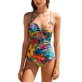 thumbnail image 1 of Floral Print One Piece Swimsuit for Women Halter Cutout Swimwear with Side Ruched Waist Summer Bathing Suits 2XL, 1 of 5