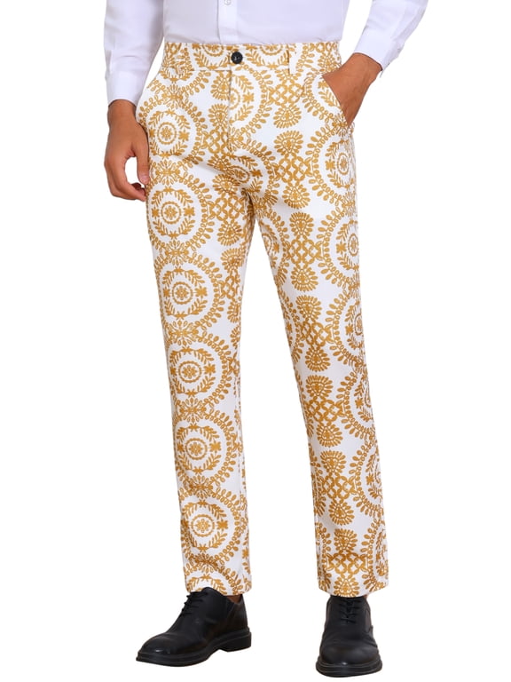 Floral Print Pants for Men's Flat Front Retro Paisley Flower Pattern Trousers 28 Khaki