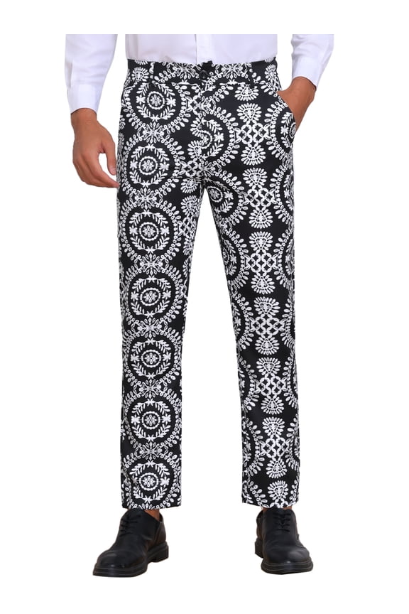 Floral Print Pants for Men's Flat Front Retro Paisley Flower Pattern Trousers 30 Black