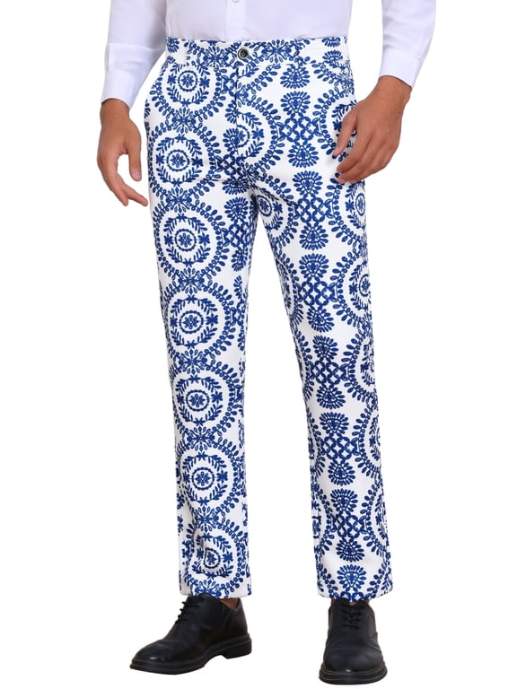 Floral Print Pants for Men's Flat Front Retro Paisley Flower Pattern Trousers 30 Blue