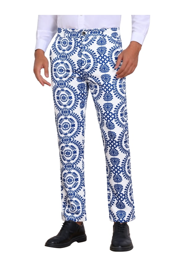 Floral Print Pants for Men's Flat Front Retro Paisley Flower Pattern Trousers 32 Blue