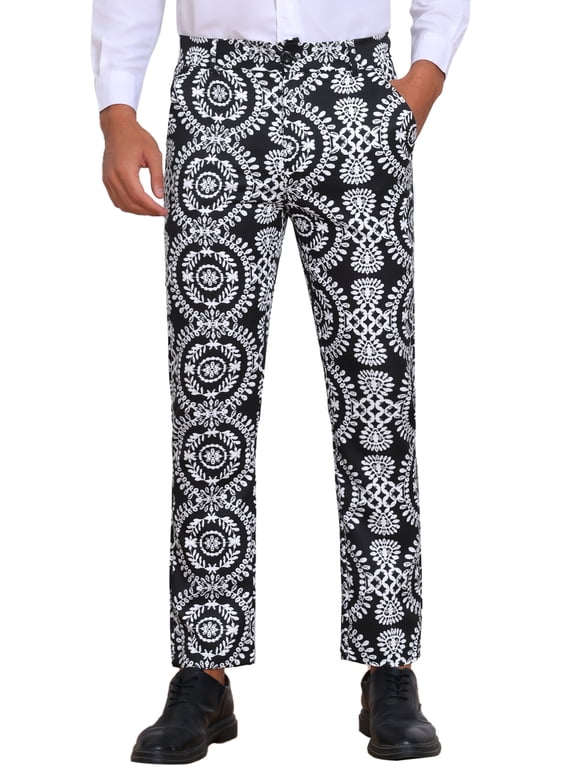 Floral Print Pants for Men's Flat Front Retro Paisley Flower Pattern Trousers 36 Black