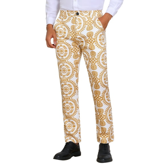 Floral Print Pants for Men's Flat Front Retro Paisley Flower Pattern Trousers 36 Khaki