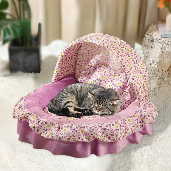 Floral Print Pet Bed, Princess Style Cat House & Dog Bed with Cushion & Blanket, 4-Season Soft Mat for Small Medium Cats & Dogs(Purple)