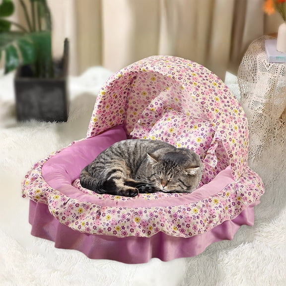 Floral Print Pet Bed, Princess Style Cat House & Dog Bed with Cushion & Blanket, 4-Season Soft Mat for Small Medium Cats & Dogs(Purple)